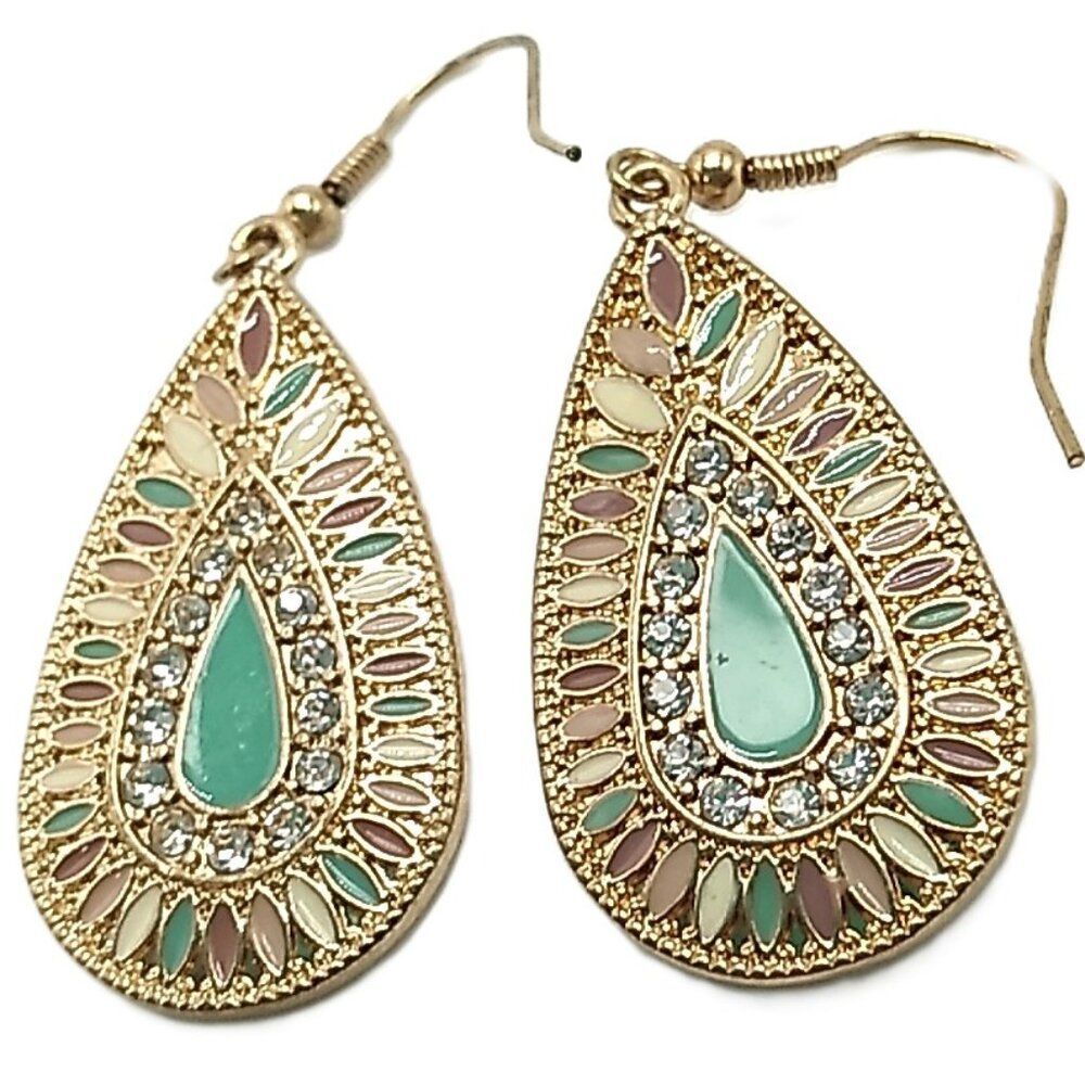 Teardrop Dangle Earrings Mint Green Enamel Rhinestones Small Pastel Beads